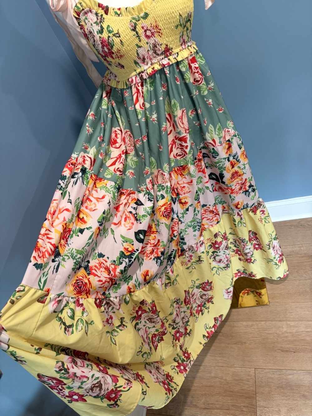 Floral Tiered Maxi Dress with Tie Straps - Yellow Multi - Picture 4 of 9